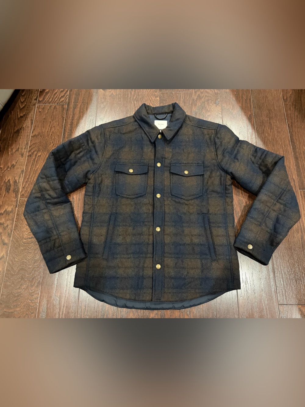 Billy Reid Theo Wool Blend Shacket  Navy Plaid  Lined Snap Shirt Jacket Small